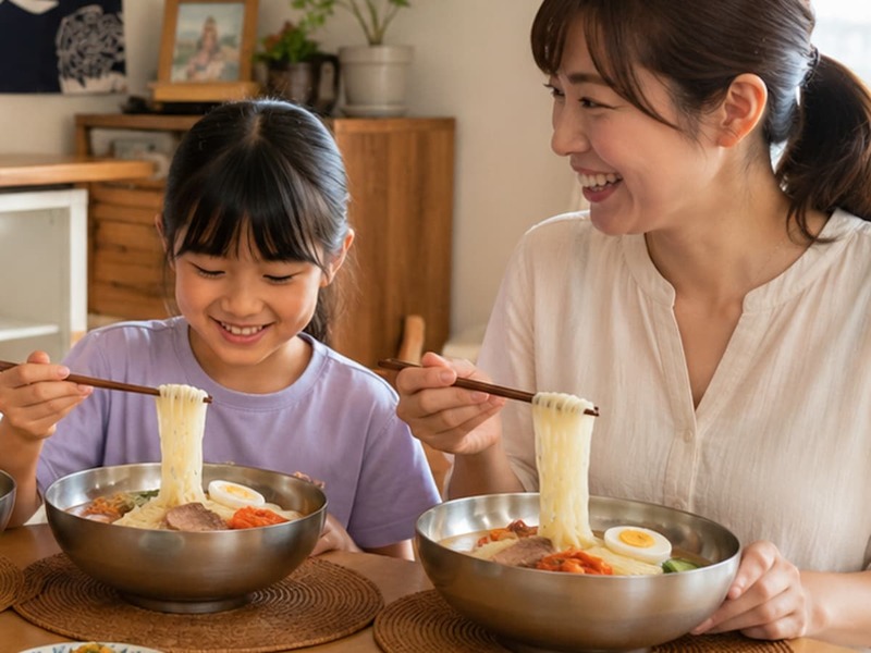 親子で冷麺を食べている様子